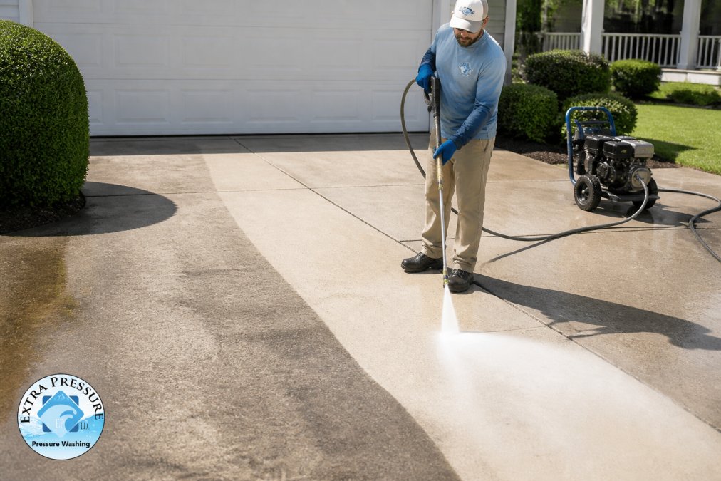 A professional pressure washing crew member in safety gear operating a commercial-grade high-pressure washer on a concrete driveway, revealing a clean white strip against a heavily stained gray surface in bright afternoon sunlight