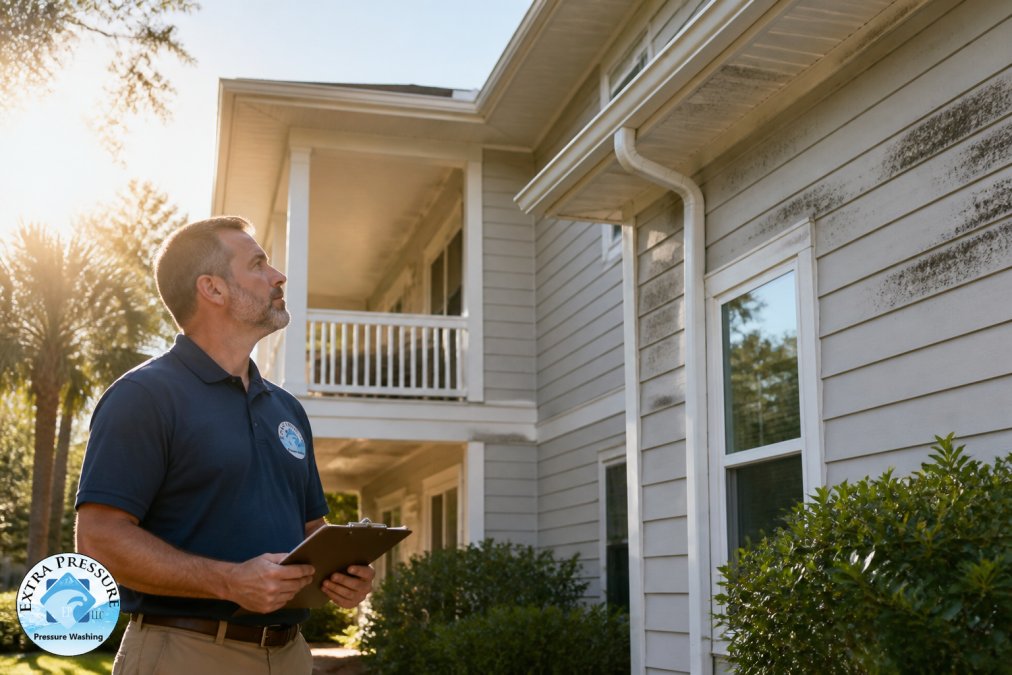 Professional property manager inspecting exterior of a vacation rental home, checking gutters and siding for dirt and mold buildup in morning sunlight