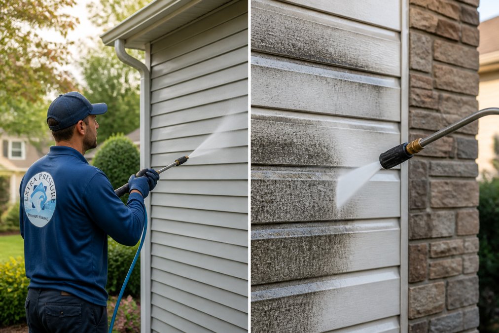 Technician applying soft washing technique to vinyl siding with low-pressure spray wand, landscaping visible in background, morning light