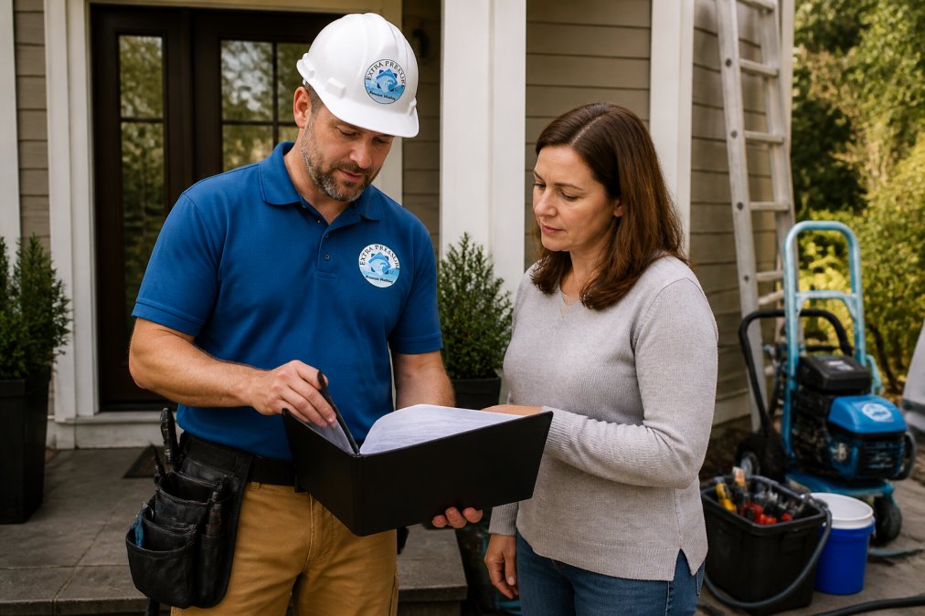 Professional contractor in safety gear reviewing insurance documentation and license paperwork with homeowner at residential property entrance