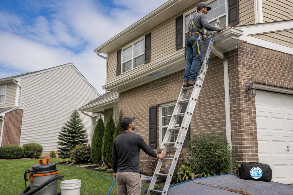 Professional gutter cleaning contractor securely positioned on tall ladder with safety harness and proper equipment, working on residential home's gutter system with ground-level assistant present