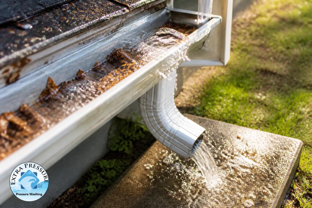 Close-up of water flushing through a residential aluminum gutter and flowing out of a white downspout onto a concrete splash block, with wet leaf debris visible being washed along the gutter channel in bright afternoon light