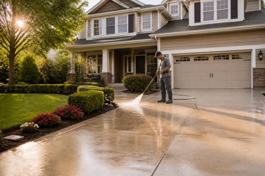 A well-maintained home exterior with neatly trimmed hedges, a freshly pressure-washed concrete driveway, blooming flower beds along the front walkway, and warm afternoon sunlight illuminating the facade from the curb