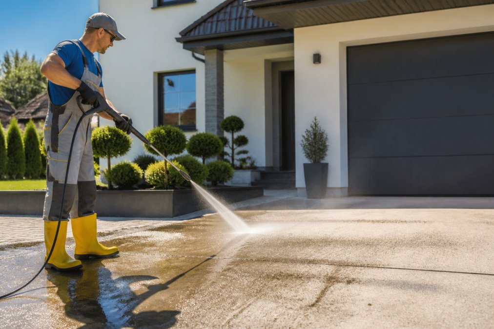 A pressure washing technician in protective gear directing a high-pressure water stream across a stained concrete driveway beside a residential home, water and grime dispersing across the surface in bright midday light