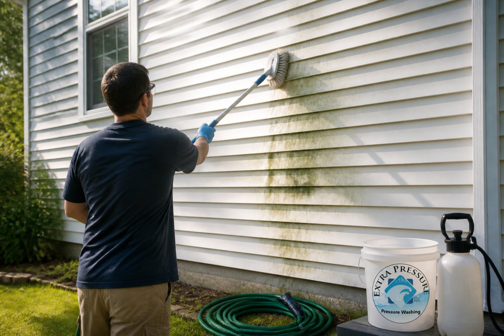 A homeowner wearing protective gloves and safety eyewear scrubbing bright green mildew off white vinyl siding with a long-handled scrub brush, a green garden hose coiled on the grass nearby, warm afternoon sunlight casting soft shadows across the exterior wall
