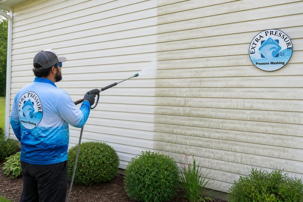 A professional exterior cleaning technician in work gear using a low-pressure soft washing wand on the side of a light-colored residential home, lush green shrubs and mulched flower beds visible at the base of the siding, bright overcast daylight creating even illumination across the wall