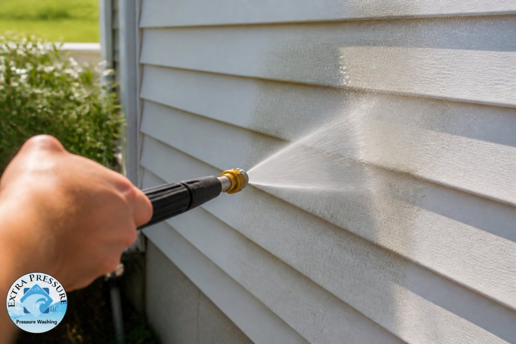 Close-up of pressure washer nozzle tip being held at proper 45-degree angle toward vinyl siding panel, showing spray pattern dispersion at 12-inch distance with water mist visible in afternoon sunlight