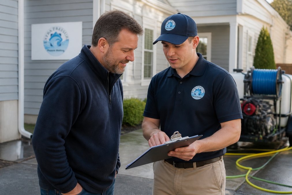 Homeowner reviewing a soft wash cost estimate with a technician in a driveway