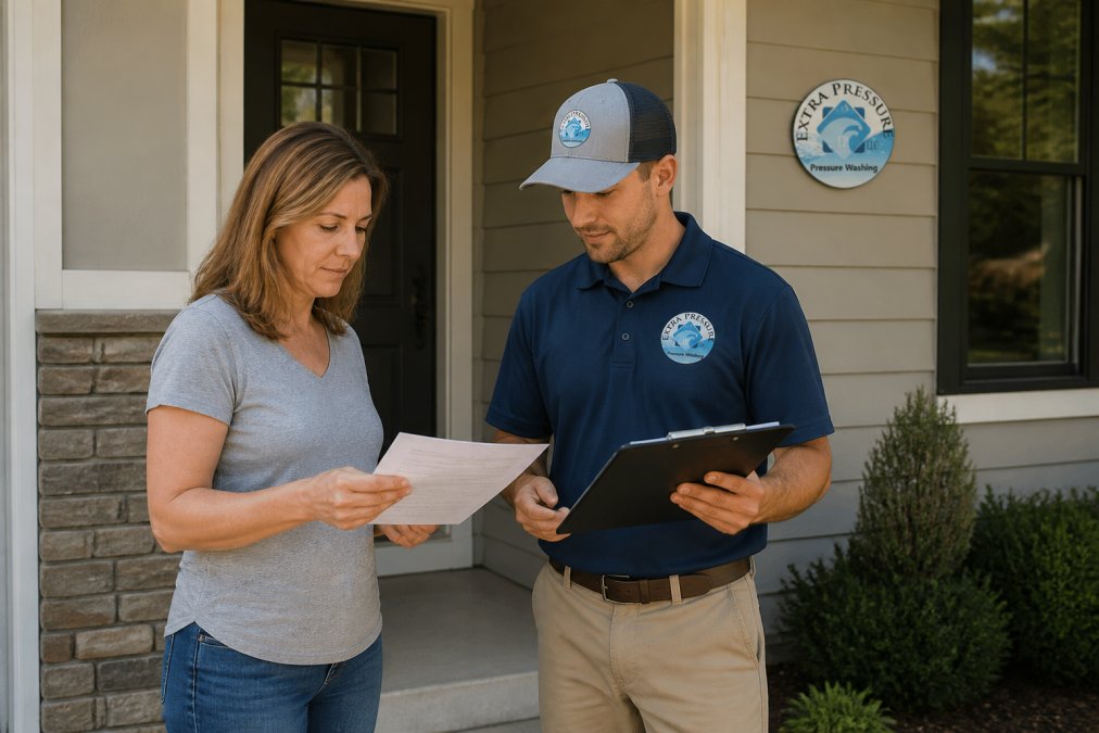 A homeowner standing on a front porch reviewing a printed certificate of insurance with a pressure washing contractor in uniform, clipboard in hand, residential exterior visible in background