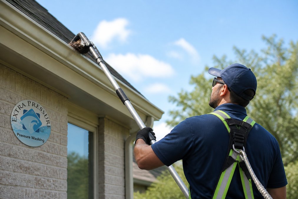 A professional technician in safety gear using a telescoping pole to clear debris from a home's gutter while standing safely on the ground