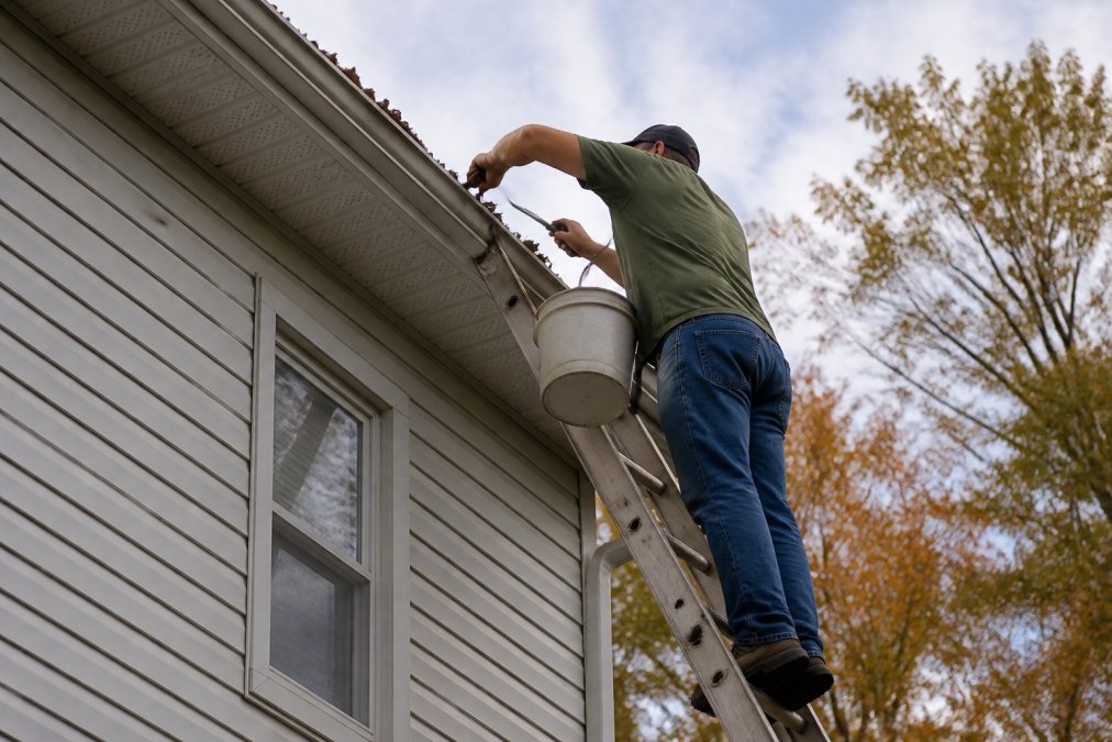 Homeowner positioned precariously on a tall ladder against house siding, reaching into gutters with handheld tools and a bucket, showing the unstable angle and fall risk inherent in ladder work