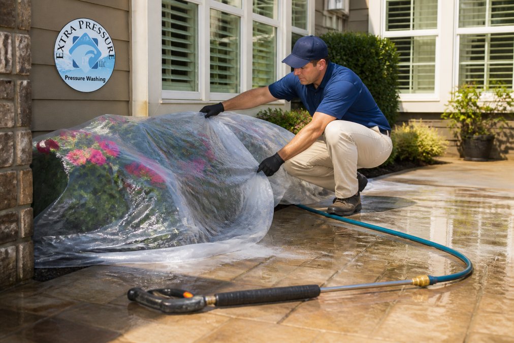 Homeowner covering shrubs with plastic to protect delicate landscaping before pressure washing a patio.