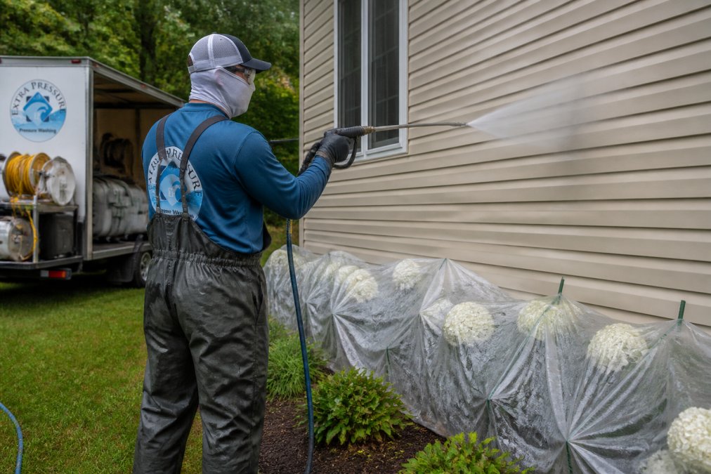 A professional in protective gear applying a soft wash solution to vinyl siding with a low-pressure sprayer, with plastic sheeting covering nearby shrubs and flower beds