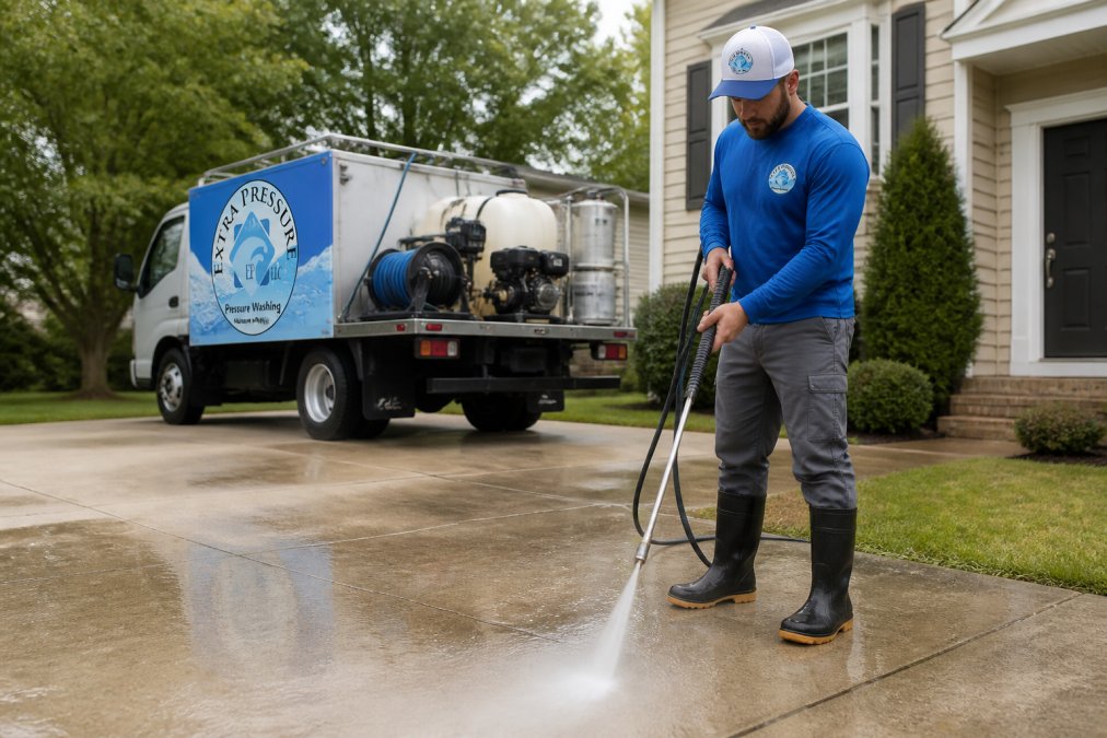 Professional illustration showing professional and technician and branded concepts for same day pressure washing