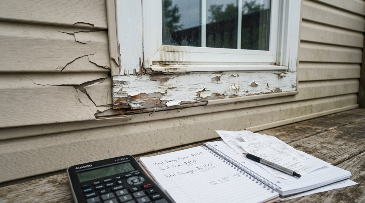 A close-up photograph of cracked vinyl siding panels and peeled, flaking paint on wooden trim near a window, showing the visible damage caused by excessive water pressure