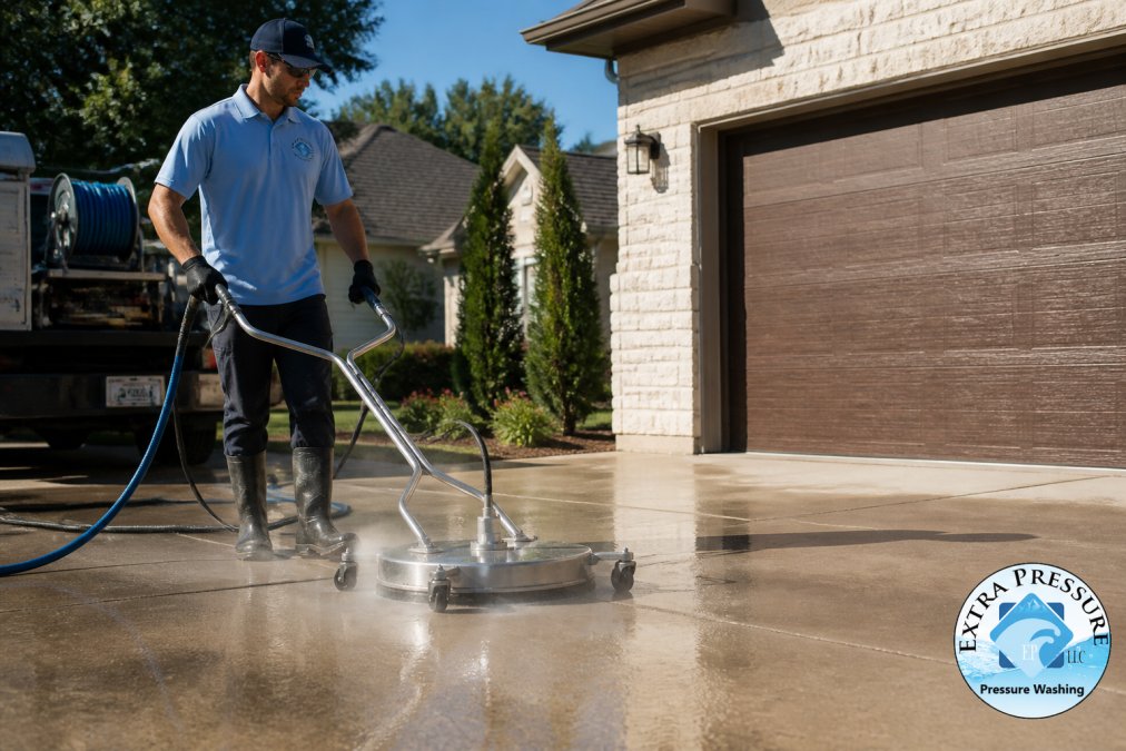 Professional pressure washing technician in uniform and safety gear operating state-of-the-art pressure washing equipment on a residential driveway, bright daylight illuminating the equipment and cleaned surface