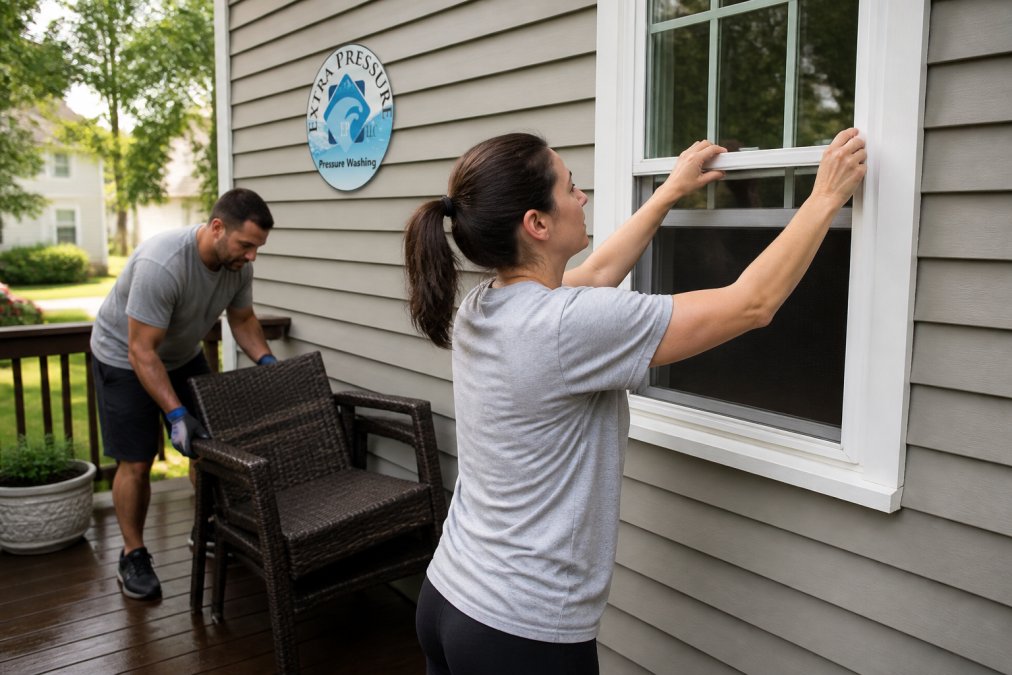 Homeowner securing outdoor furniture and closing windows on a house exterior before pressure washing service begins, showing preparation steps in natural daylight