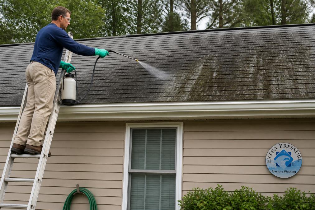 Homeowner wearing protective gear using a pump sprayer to safely remove roof algae from asphalt shingles