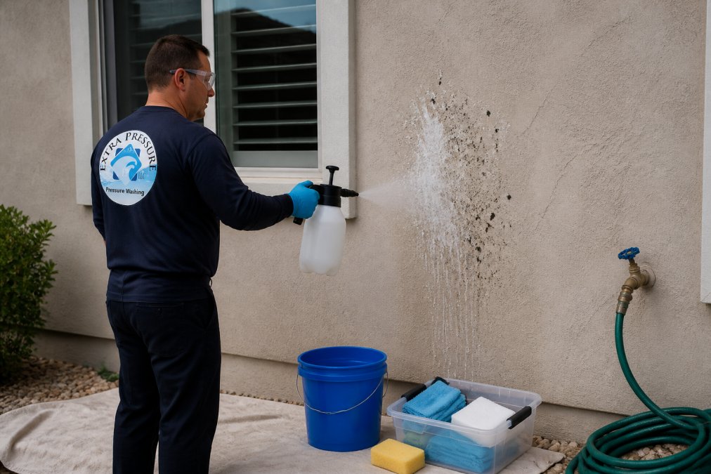 Person wearing protective gear using a pump sprayer to clean bird droppings from a stucco exterior wall