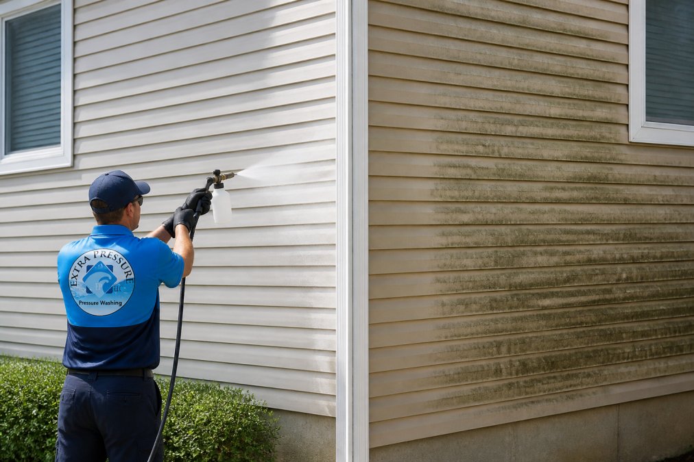 Professional technician spraying low-pressure soft wash solution onto vinyl siding panels with precise nozzle control, water cascading gently over clean surface in afternoon sunlight