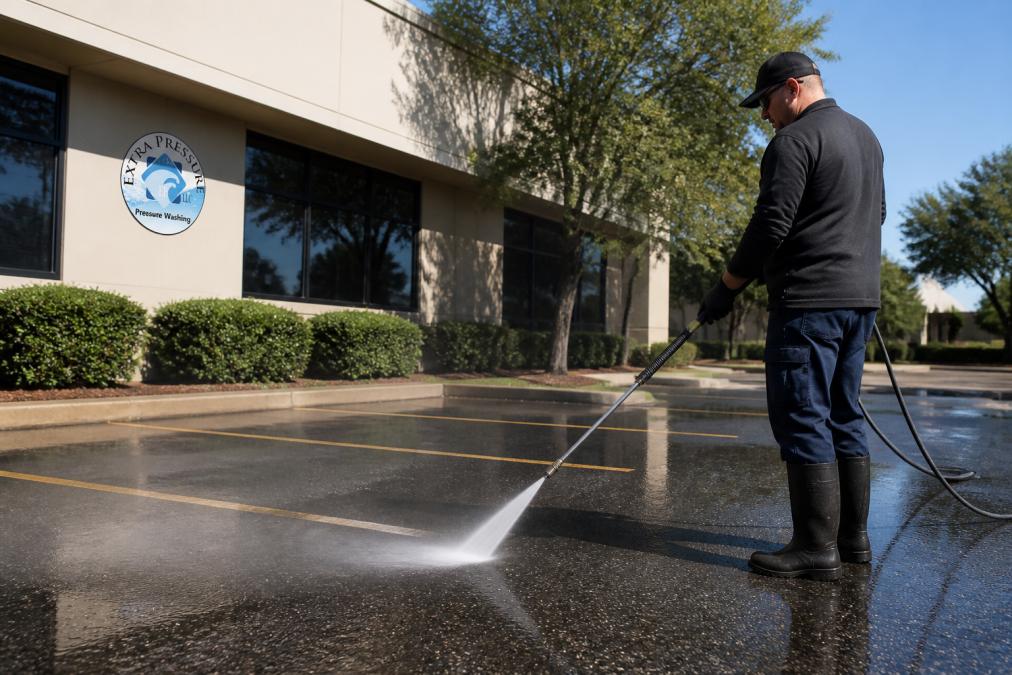 Professional pressure washer operating equipment on large commercial parking lot surface, high-pressure spray hitting asphalt with visible water runoff, bright daylight conditions