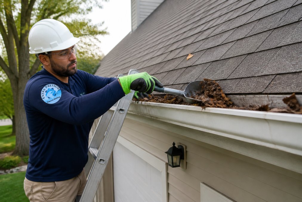 Professional wearing safety gloves and a hard hat cleaning residential gutters with a gutter scoop, showing proper technique while standing on a secure ladder with clear debris removal in progress