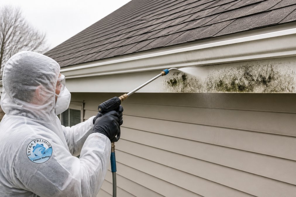 A professional technician in protective gear using a soft washing wand to gently apply cleaning solution to mold stains on white gutter fascia near the roofline of a house
