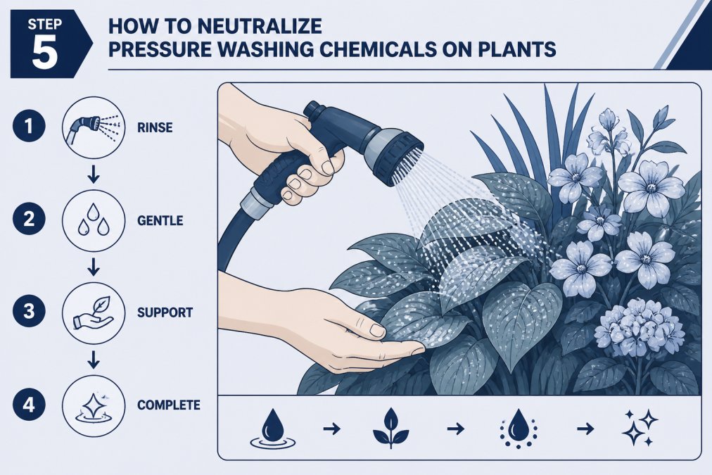 Hands gently rinsing plant foliage with a garden hose misting attachment, showing post-rinsing process with water droplets on sensitive leaves and flowers