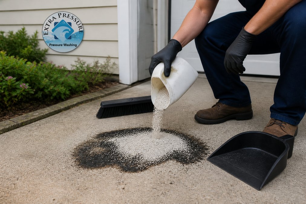 Close-up of a person in work clothes pouring cat litter over a fresh dark oil stain on a concrete driveway, with a broom and dustpan nearby in a residential setting