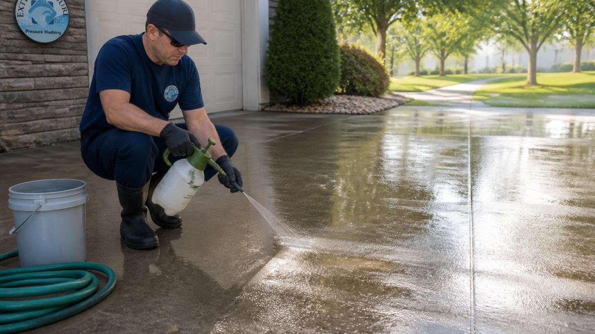 A homeowner in work clothes applying a biodegradable detergent solution to a concrete driveway with a pump sprayer, bucket and garden hose nearby, sunlight reflecting off the wet surface