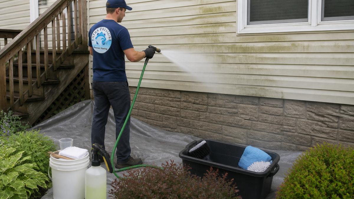Homeowner using eco-friendly siding cleaners to wash mildew off green vinyl siding with a garden hose and protective tarp.