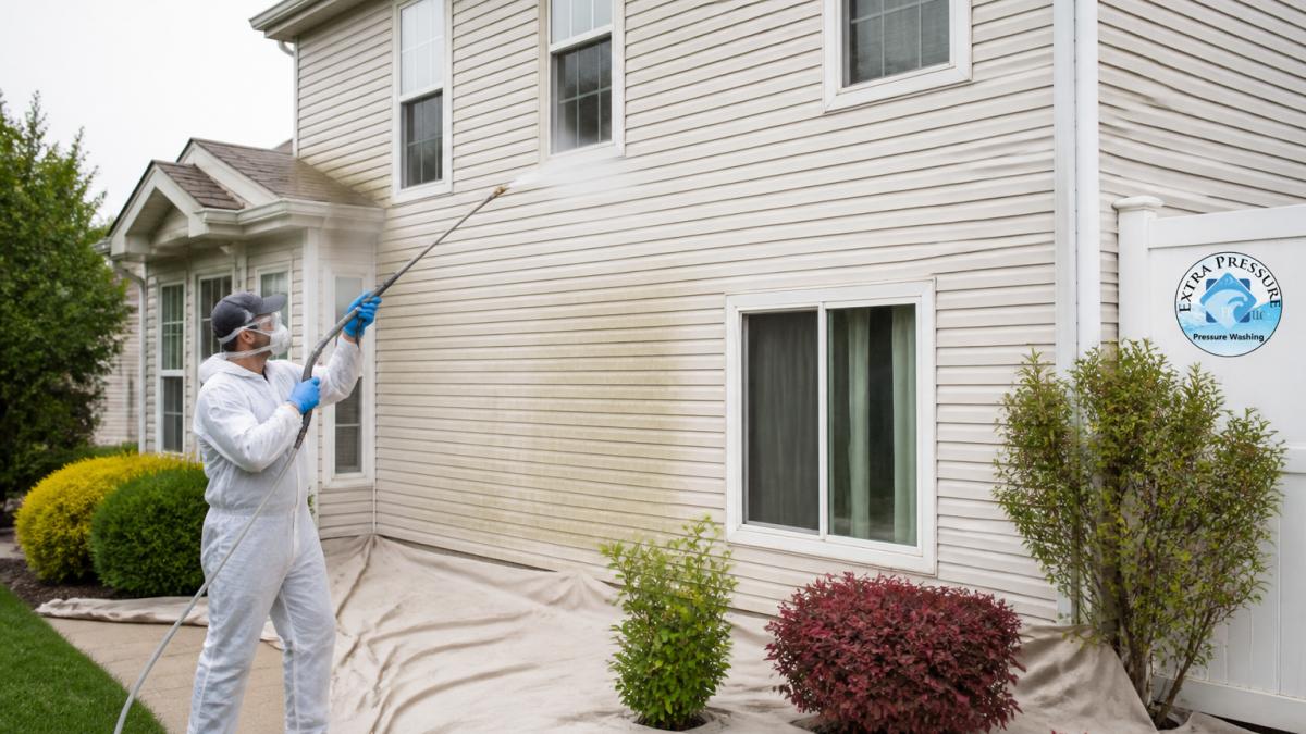 Technician using a soft wash sprayer on vinyl siding as pressure washing companies do to avoid damage