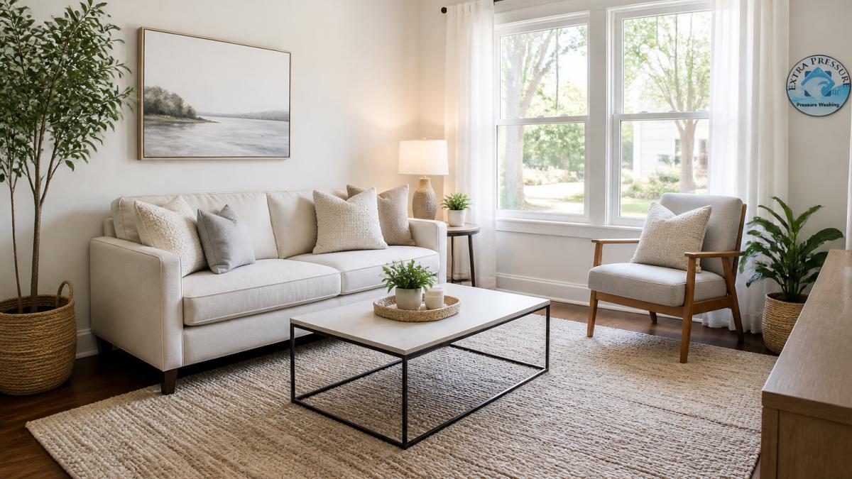 Diagram illustrating key layout techniques for effective small living room staging using neutral furniture.