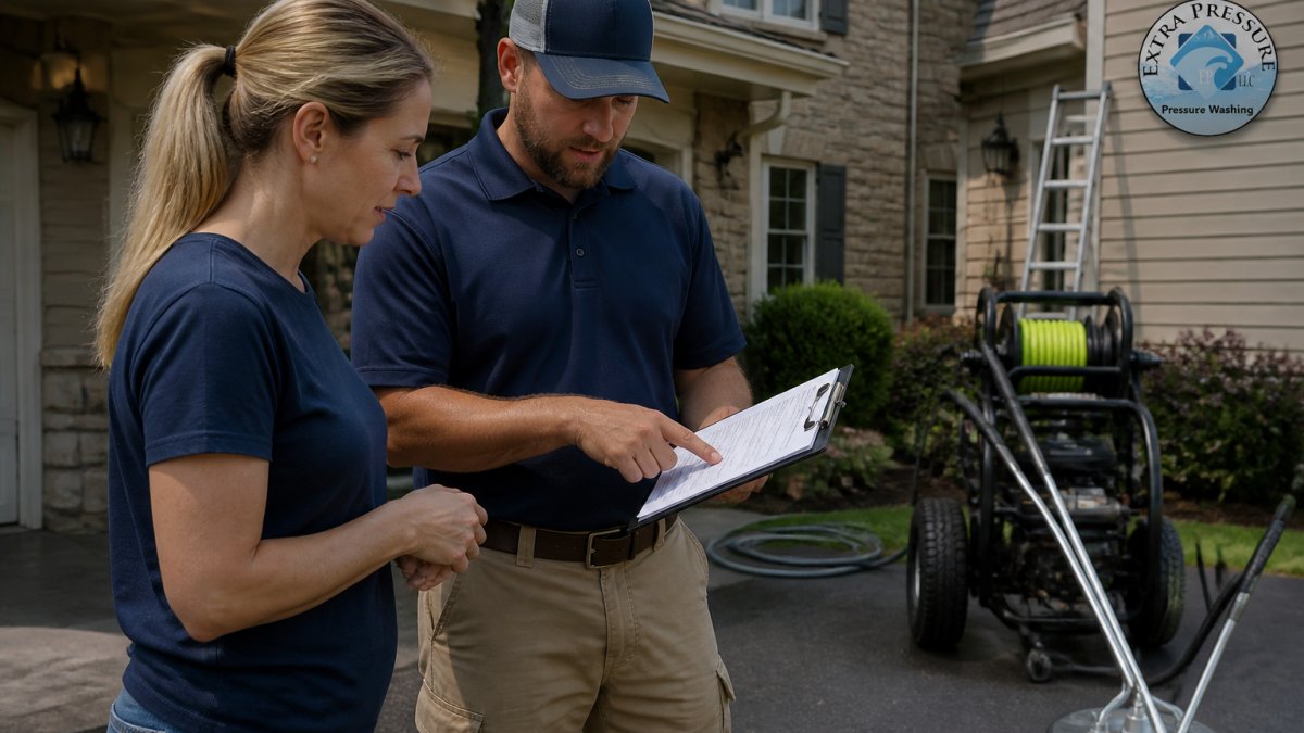 Homeowner and exterior cleaning contractor reviewing a certificate of insurance document on a clipboard in a residential driveway, pressure washing equipment visible in the background