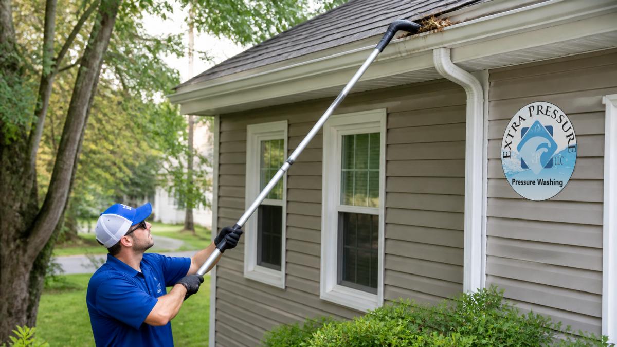 Homeowner using a telescoping pole to prevent gutter clogs by clearing debris while standing on the ground