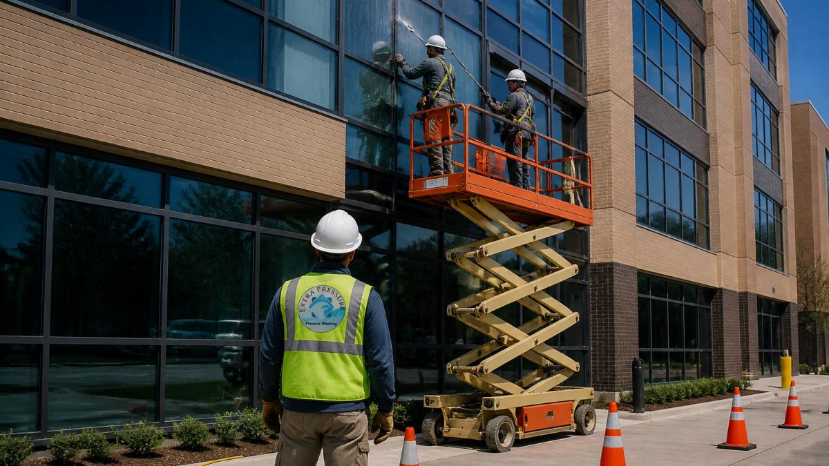A commercial facade cleaning crew in safety harnesses and hard hats working from a scissor lift beside a mid-rise glass and brick building, with a spotter on the ground and warning cones visible