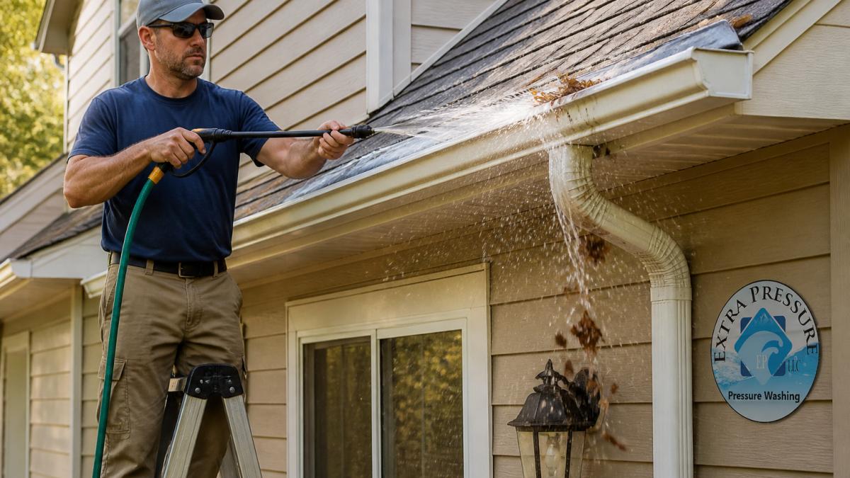 Homeowner on a ladder using a garden hose extension to flush gutters of debris