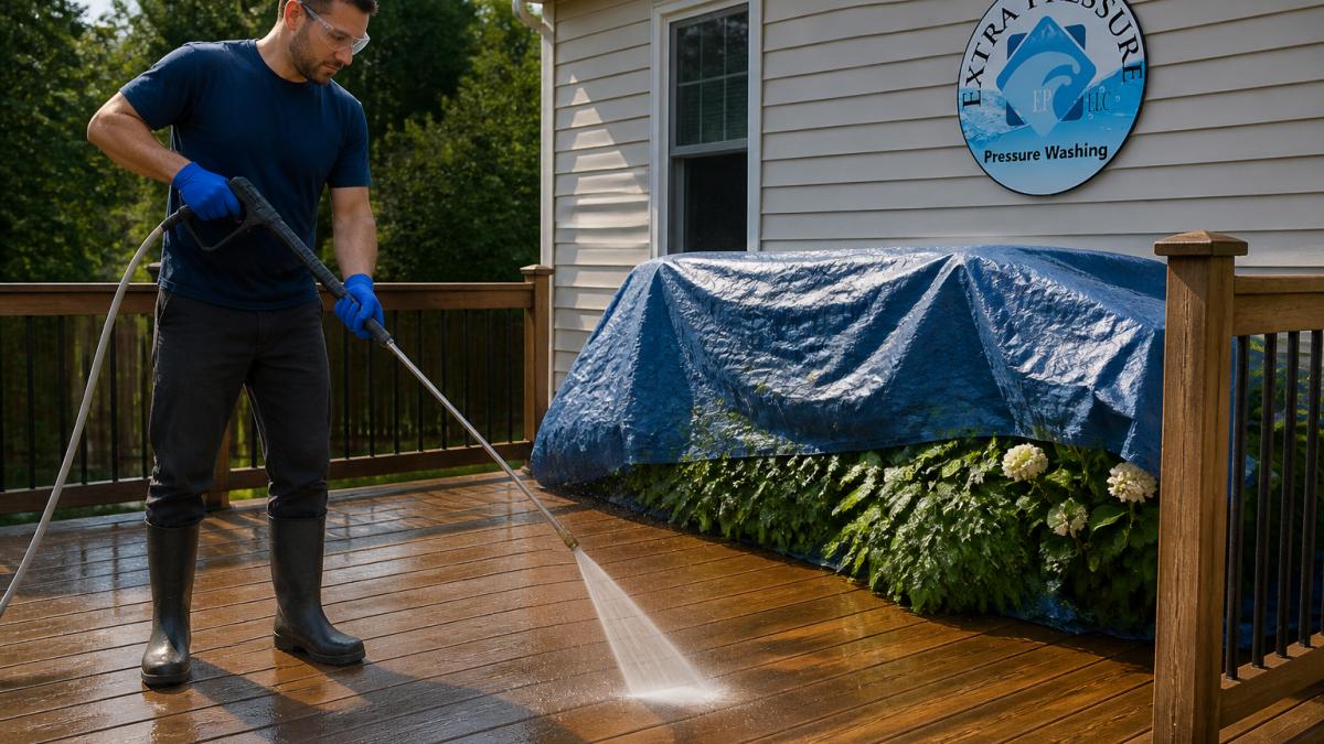 Person wearing safety gear using a low-pressure wand to soft wash deck boards near protected garden plants.