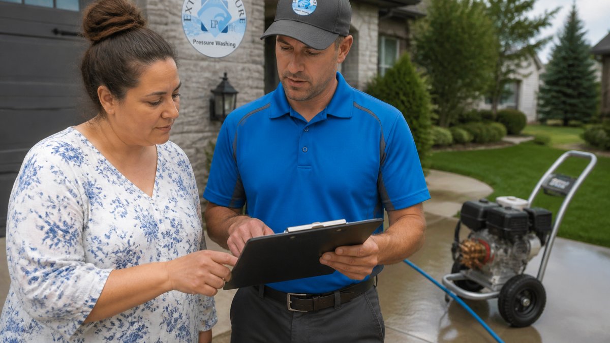 A homeowner and a uniformed pressure washing technician reviewing insurance and license paperwork together on a clipboard in a suburban driveway, with a pressure washer visible in the background