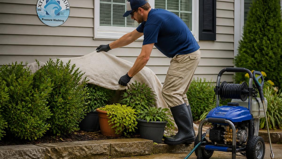 Step-by-step guide for protecting shrubs and plants with tarps before starting a pressure washing project.