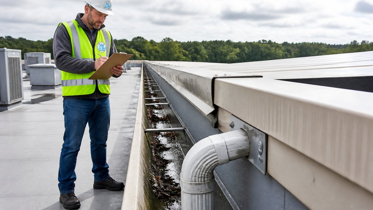 A property manager in safety gear standing on a commercial building roof, using a clipboard to inspect a long gutter run with a downspout in the foreground