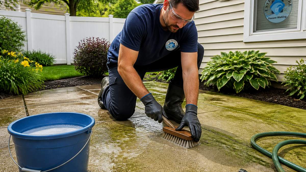 A homeowner in work clothes and rubber gloves scrubbing a concrete patio with a stiff-bristle brush and bucket of soapy water, green algae visible on the slabs, garden hose nearby, bright daylight, realistic suburban backyard setting