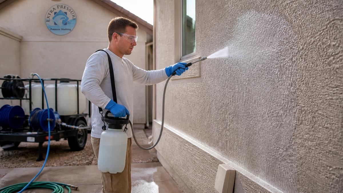 How to Soft Wash Stucco Without Damage: 7 Safe Steps 2 Worker using a pump sprayer to soft wash stucco on a residential exterior wall