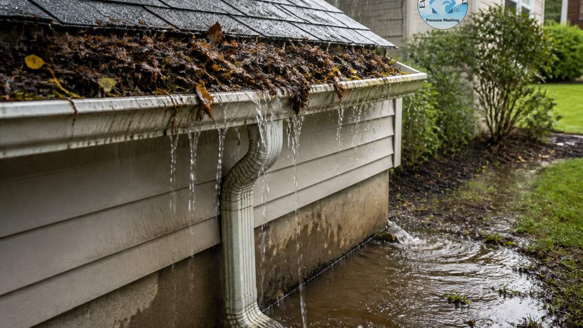Close-up of clogged gutters overflowing with leaves and debris during rainfall, water spilling over the edge near foundation area with pooling water visible
