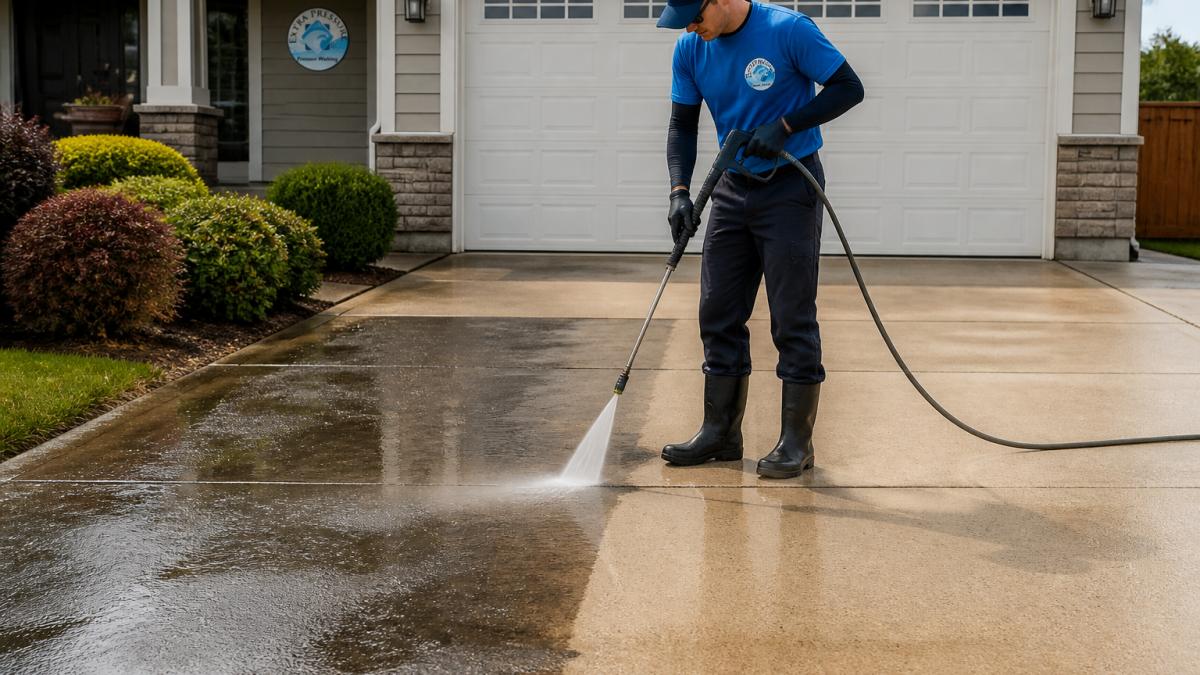 A professional pressure washing technician in safety gear cleaning a concrete driveway in front of a suburban house, with visible clean and dirty contrast on the surface