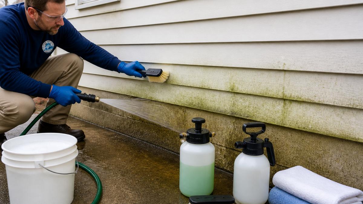 A homeowner in work gloves and eye protection using a soft-bristle brush and garden hose to clean green growth off the lower section of light-colored vinyl siding, with a bucket of cleaning solution nearby